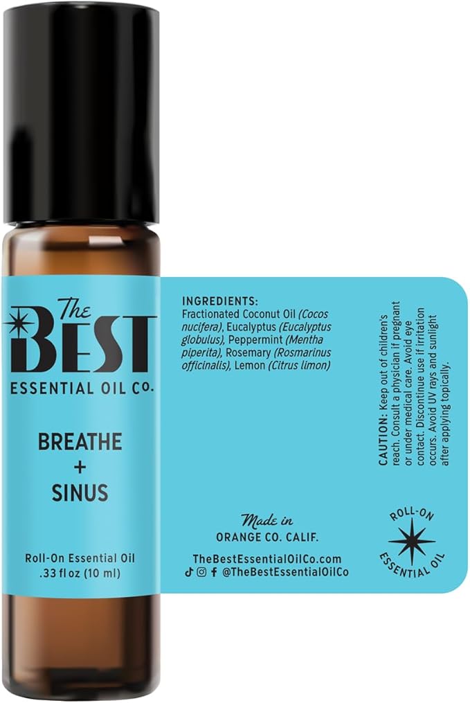 The Best Breathe + Sinus Essential Oil Roll-On Blend- Premium Grade- Pre-Diluted in Coconut Oil- Ready to Use- 10 ml (.33 fl oz)