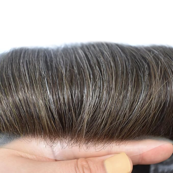 Toupee for Men French Lace Center Human Hair Replacement Systems Transparent Lace Center Hair Piece Mens Toupee Hair Units for Man V-Looped Front 8"X10" #340 3# DARK BROWN WITH 40% SYNTHETIC GREY