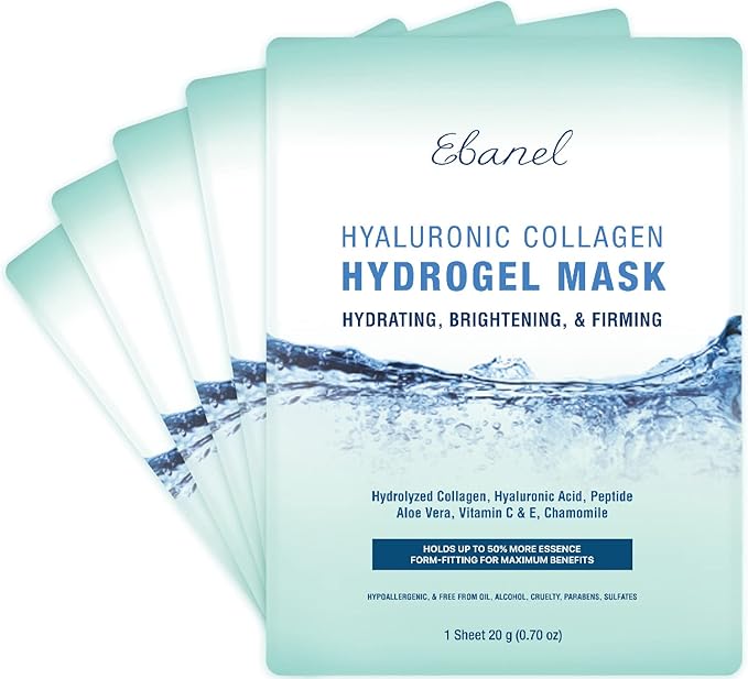 Ebanel 5 Pack Hydrogel Collagen Face Mask with Hyaluronic Acid, Vitamin C, Peptide, Aloe, Instant Brightening Hydrating Face Masks Skincare Korean Sheet Mask, Skin Firming, Lifting Anti Aging Masks