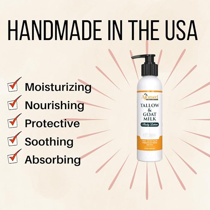 Tallow & Goat Milk Body Lotion for Sensitive Skin, Organic moisturizing Lotion - Soothes Dry skin, Goat Milk face and body Moisturizer - Handmade Tallow for skin cream (12 OZ, Sandalwood Vanilla)
