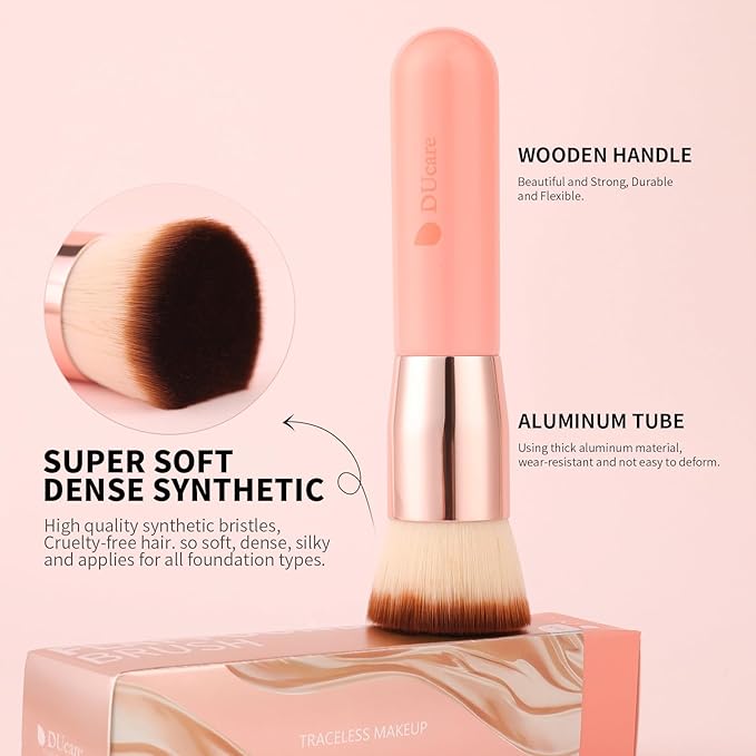 DUcare Flat Top Kabuki Foundation Brush - Premium Makeup Brush for Liquid, Cream, and Powder - Buffing, Blending, and Face,Pink
