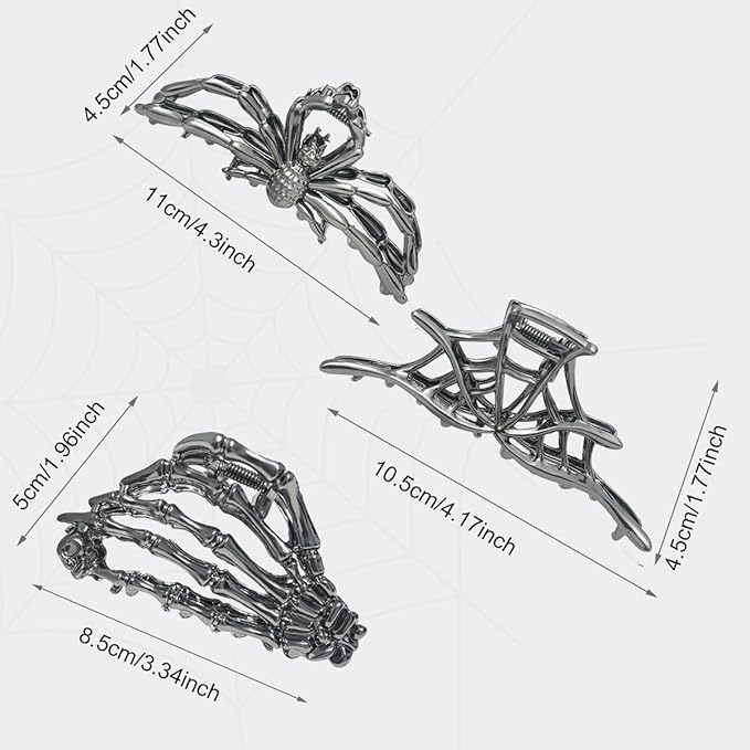 3 Pieces Large Metal Spider Net Hand Hair Claw Clips for Women and Girls Thick Long Hair, Nonslip Skeleton Spooky Barrette Headband Hair Styling Accessories for Halloween Christmas Gifts