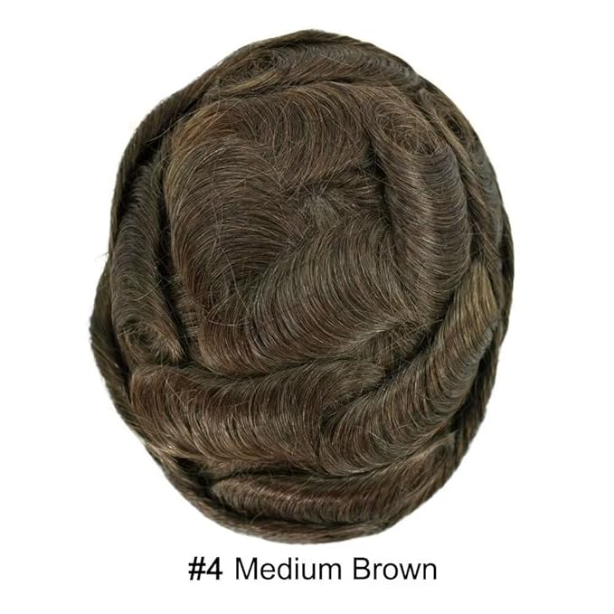 Toupee for Men French Lace Mens Toupee Human Hair Replacement Systems Lace Center with PU Around Hair Piece V-Looped Front Male Hair Prosthesis 7"X9" 4# MEDIUM BROWN
