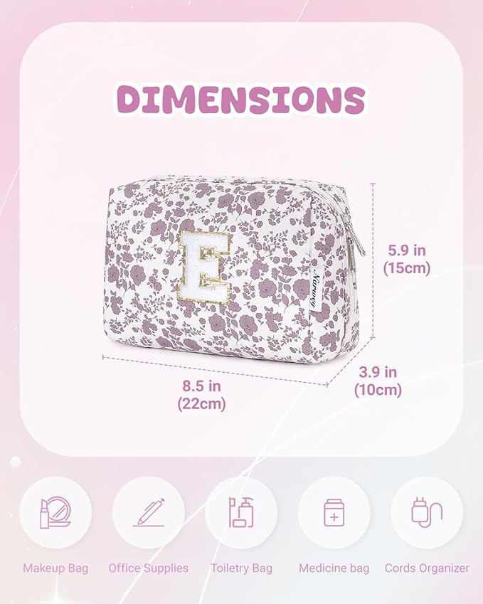 Narwey Birthday Gifts for Teen Girls Kids Women Personalized Initial Floral Makeup Bag Cute Cosmetic Trendy Stuff 6 8 10 11 12 13 14 16 18 Years Old Travel Toiletry Bag (Little Dusty Pink Flower E)