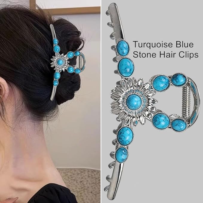 Turquoise Blue Stone Hair Clips, Large Metal Retro Sun Flower Style Claw Clip for Women Strong Hold Big Non-Slip Hair Catch Barrette Jaw Clamp for Long Thick Hair, Fashion Styling Accessories (2 Pack)