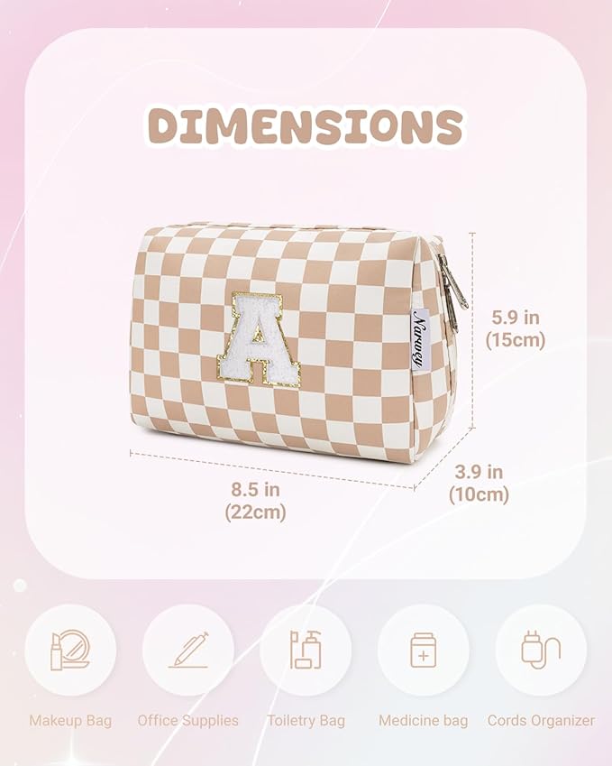 Narwey Christmas Gifts for Women Personalized Initial Makeup Bag, Teen Girls Trendy Stuff 10 11 12 13 14 16 18 Years Old Travel Toiletry Cosmetic Bag, Gift for Bridesmaid Teacher Graduation (Brown A)