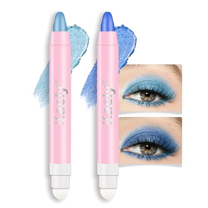 evpct 2Pcs Cream Eye Shadow Brightener Sticks Set for Eyes Waterproof, Sky Blue & Royal Blue Shimmer Cream Eyeshadow Applicator Stick Long Lasting Pigmented Eye Makeup sombras en crema para ojos 10+13