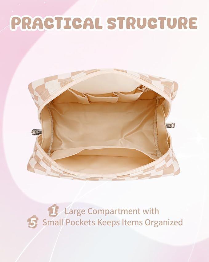Narwey Birthday Gifts for Women Teen Girls Kids Personalized Initial Checkered Makeup Bag Cute Cosmetic Bag Trendy Stuff 6 8 10 11 12 13 14 16 18 Years Old Travel Toiletry Bag (Brown Letter S)