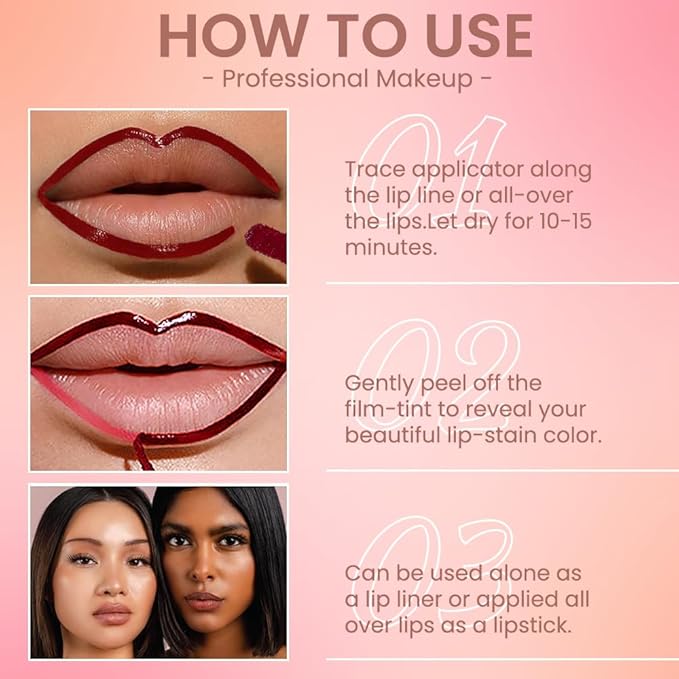 Pinkish Red Liquid Matte Lip Liner Stain Peel Off with Tweezer, Long Lasting, Waterproof Matte Lipstick Lip Gloss Tattoo for Women, Transfer-prof Lip Tint Makeup for All Skin Types 06#