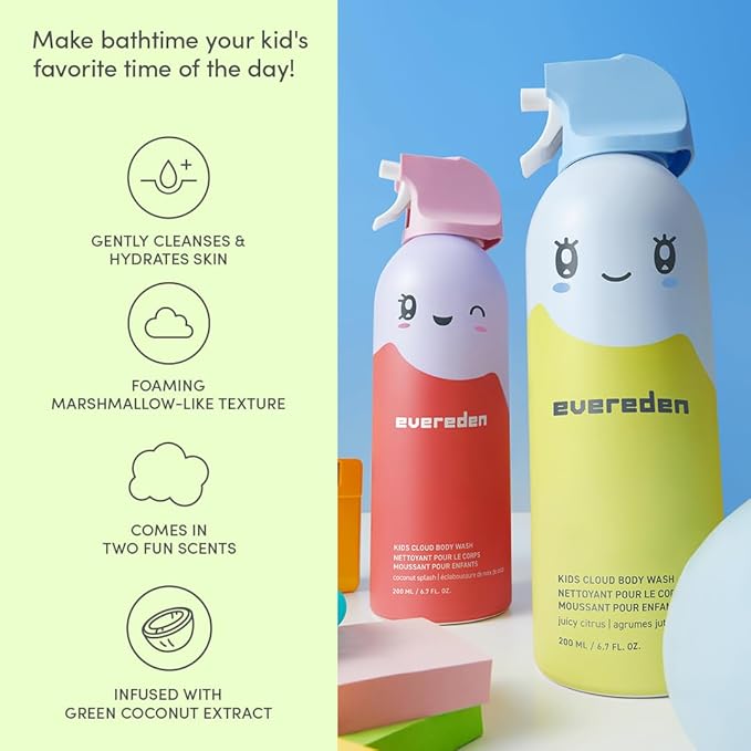 Evereden Kids Cloud Body Wash Duo - Gentle, Nourishing Toddler Body Wash for Delicate Skin, Coconut Splash & Juicy Citrus Scents, Creamy Hydrating Formula, 2 Pack (6.7 fl oz Each)