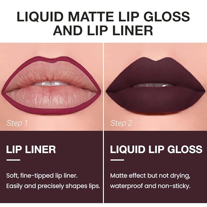 evpct Retractable 1Pcs Lip Liner Pencils and 1 Pcs Lip Gloss Makeup Set for Shaping & Sculpting Lips, Plum Long-Lasting Waterproof Longwear Matte Rich Lip Colors Liner Crayon Liquid Lipstick 11#