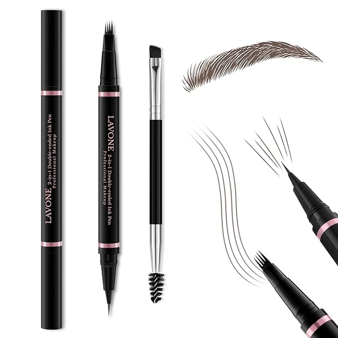 Eyebrow Pencil,2-in-1 Waterproof Eyebrow Pen with 4 Tip Brow Pen and Ultra-Precise Brow Pencil,with Dual-ended Eyebrow Brush,Eyebrow Makeup for Natural Looking Eyebrows - Black Brown