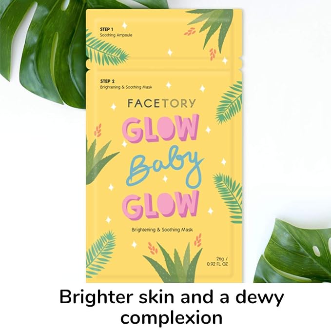 FACETORY K Beauty Face Mask Skin Care - Glow Baby Glow 2-Step Sheet Mask with Niacinamide & Aloe + Calming Ampoule | Brightens, Hydrates, Glowing Skin (10 Pack)