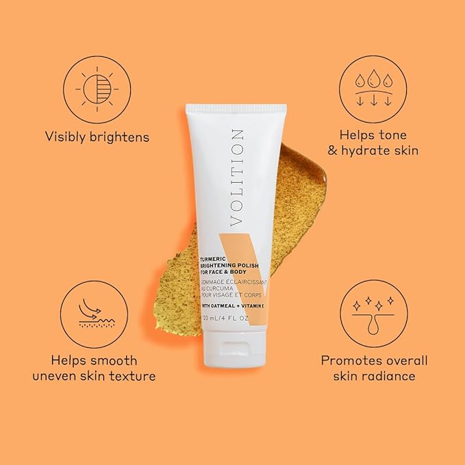 Volition Beauty Turmeric Brightening Polish with Oatmeal + Vitamin E | Physical Scrub to Exfoliate Face & Body | Removes Dead Skin, Smooths, Boosts Luminosity & Glow | Non-Stain Formula (4 fl oz)