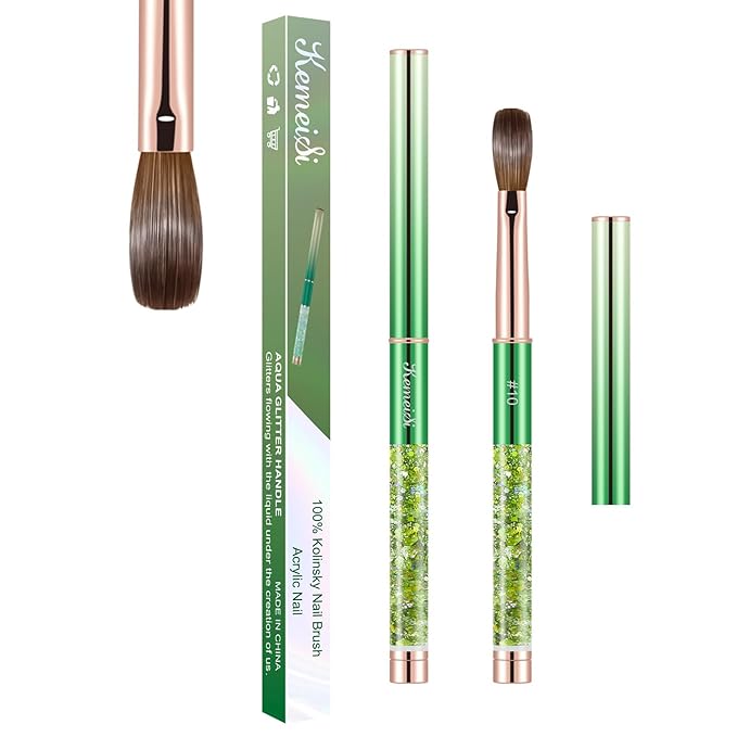 Acrylic Nail Brush Size #10, KEMEISI 100% Pure Kolinsky Nail Art Brushes Sturdy Handle Oval Shaped Acrylic Powder Nail Design Tools for Professional Manicure DIY Home Salon (Green)
