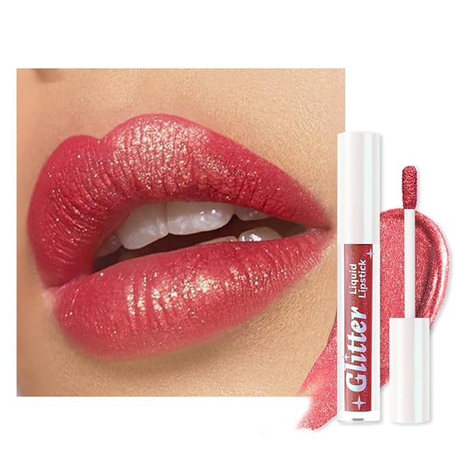 Orange Red Metallic Lipstick for Women,Lightweight Glitter Sparkling Liquid Lipsticks,Shimmer Lip Gloss Stain Long Lasting Waterproof Smudge Proof Non-Drying 24 Hour Full Coverage Lip Makeup,Vegan