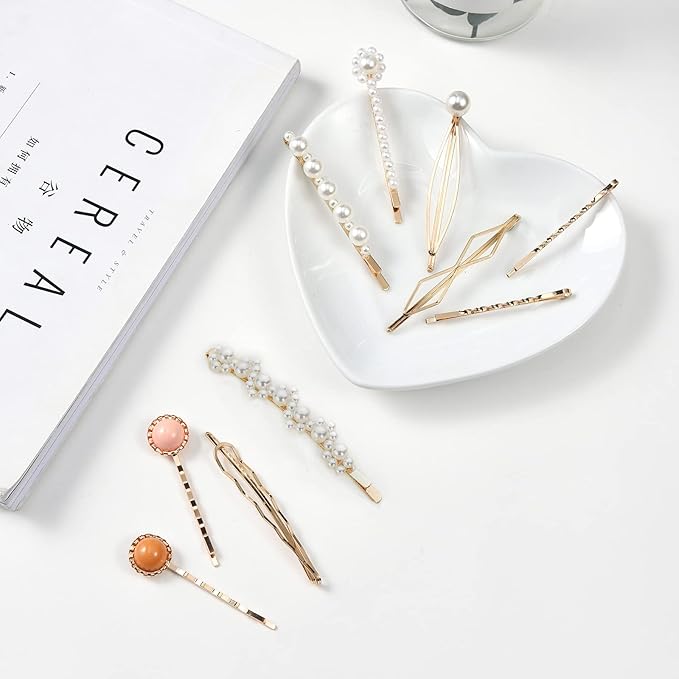 Mehayi 20 PCS Pearls and Acrylic Resin Hair Clips, Handmade Hair Barrettes, Marble Alligator bobby pins, Glitter Crystal Geometric Hairpin, Elegant Gold Hair Accessories, Gifts for Women Girls