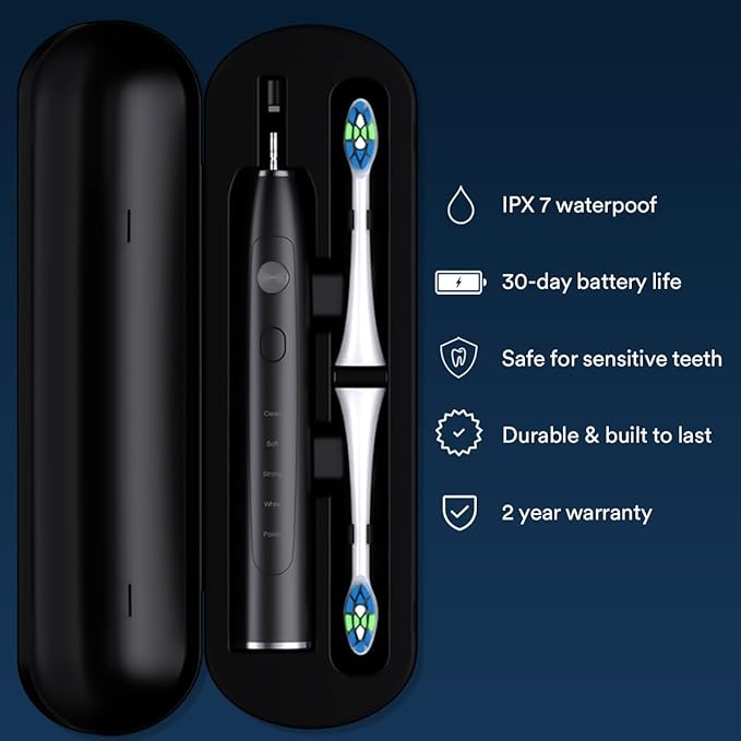 AURAGLOW Sonus Electric Toothbrush, 5 Cleaning Modes, 2 Brush Heads & Travel Case, 40,000 VPM Sonic Toothbrush & Wireless Charging, 30-Day Battery Life with Smart Timer, Black