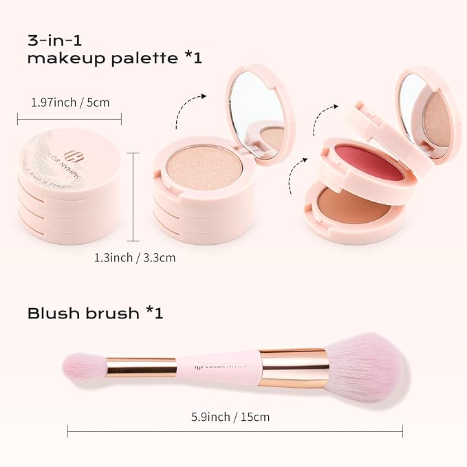 Color Nymph 3 Colors Contour Blush Highlighter Makeup Palette | 3-IN-1 Multi-Colored Shimmer & Matte Long-Lasting Travel-Friendly Make up Kit, Includes Brush & Mirror | Stacked Makeup Design (Purple)
