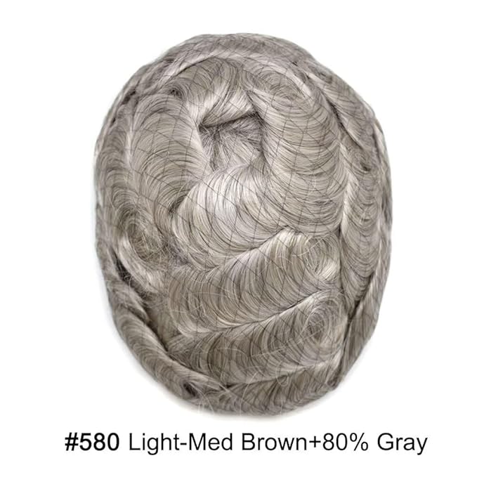 FACE MIRACLE French Lace Mens Toupee Human Hair System Lace Center Toupee for Men Thin Skin PU Around Hair Replacement System V-Looped Mens Hair Wig 6"X9" #580 5# MEDIUM LIGHT BROWN WITH 80% GREY