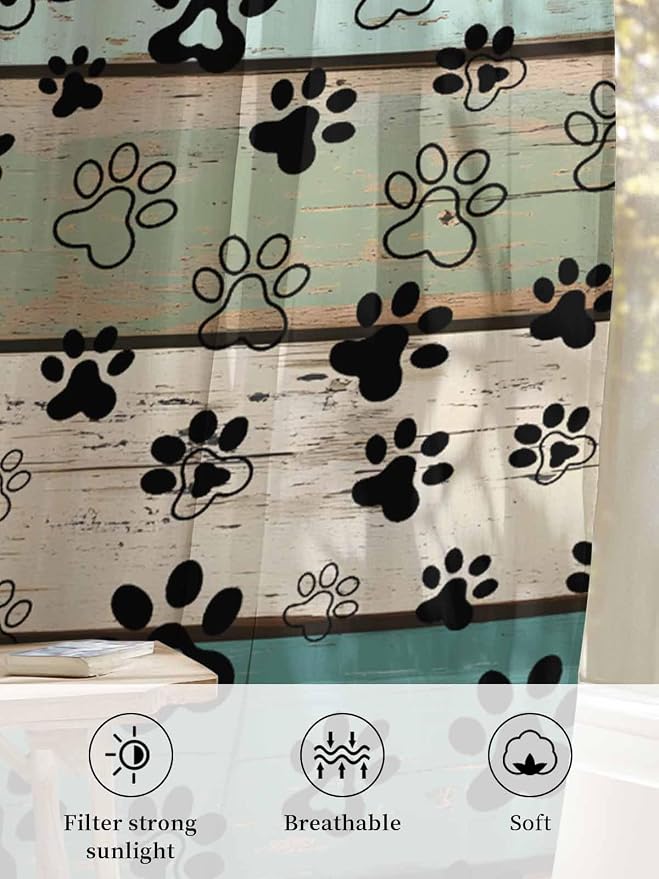 Sheer Curtains 45 Inch Length, Sage Green Brown Paw Prints Semi Sheer Curtains - Image 6