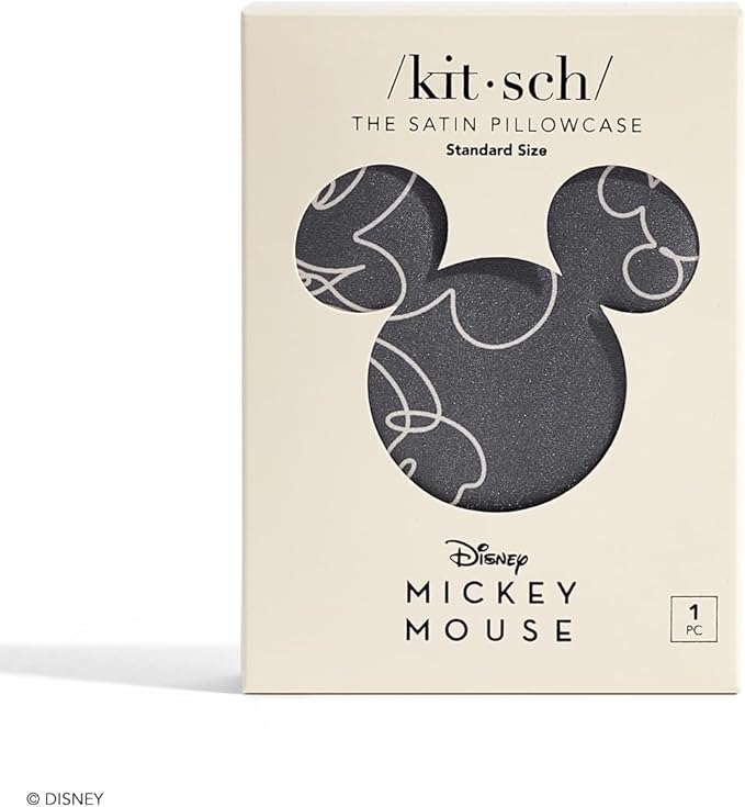 Kitsch & Disney Mickey Mouse Satin Pillowcase with Zipper Softer Than Silk, Cooling Pillow Case for Hair & Skin, Wrinkle-Free, Machine Washable, Queen/Standard 19x26