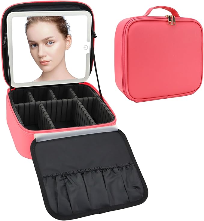 Travel Makeup Bag with LED Mirror Travel Makeup Organizer with 3 Lighted Settings, Adjustable Dividers and Makeup Brush Storage Bag Light Red