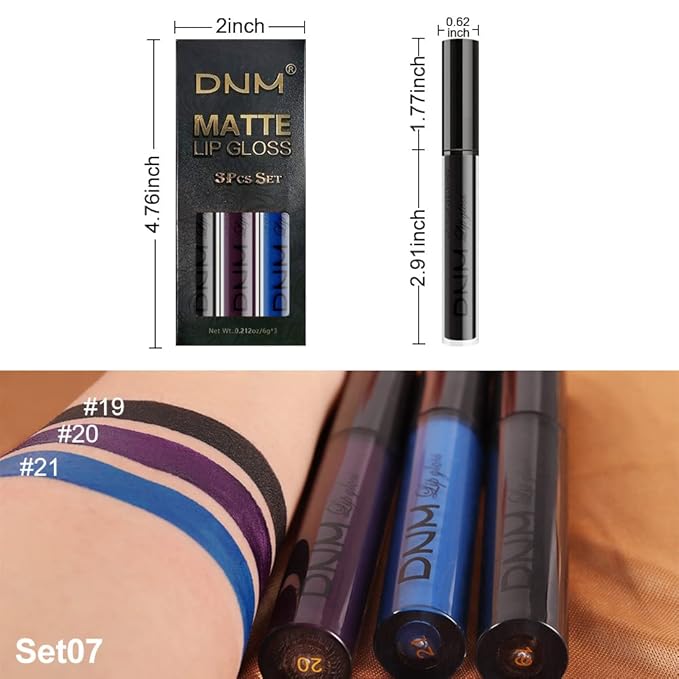 AMY'S DIARY 3Pcs Matte Liquid Lipstick Sets, Blue Dark Black Purple Matte Lipstick Lip Stain Long Lasting 24 Waterproof Lip Gloss Gift Set for Women Lippies (07)