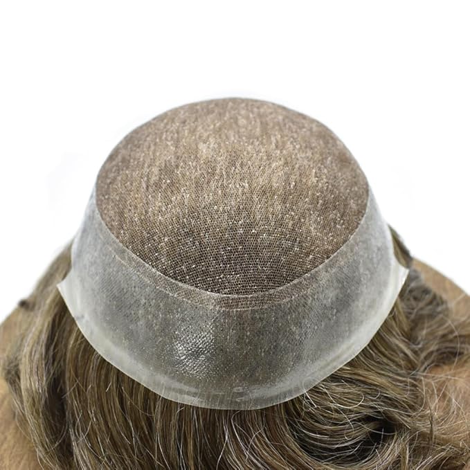Mens Toupee Human Hair Piece French Lace Toupee for Man Hair System Indian Human Hair Replacement Systems V-Looped PU Front Hairpieces 8"X10" #530 5# MEDIUM LIGHT BROWN WITH 30% SYNTHETIC GREY