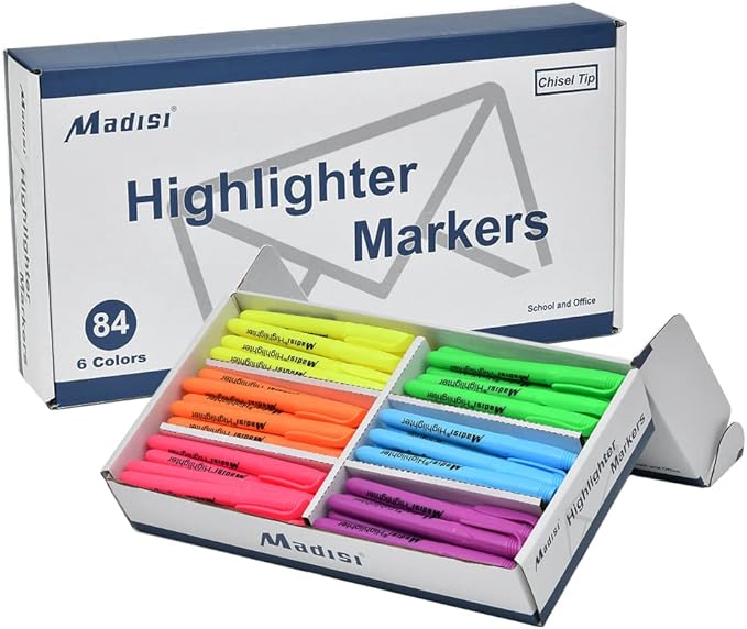 Madisi Highlighters, Chisel Tip, Assorted Colors, Bulk Pack, 84-Count