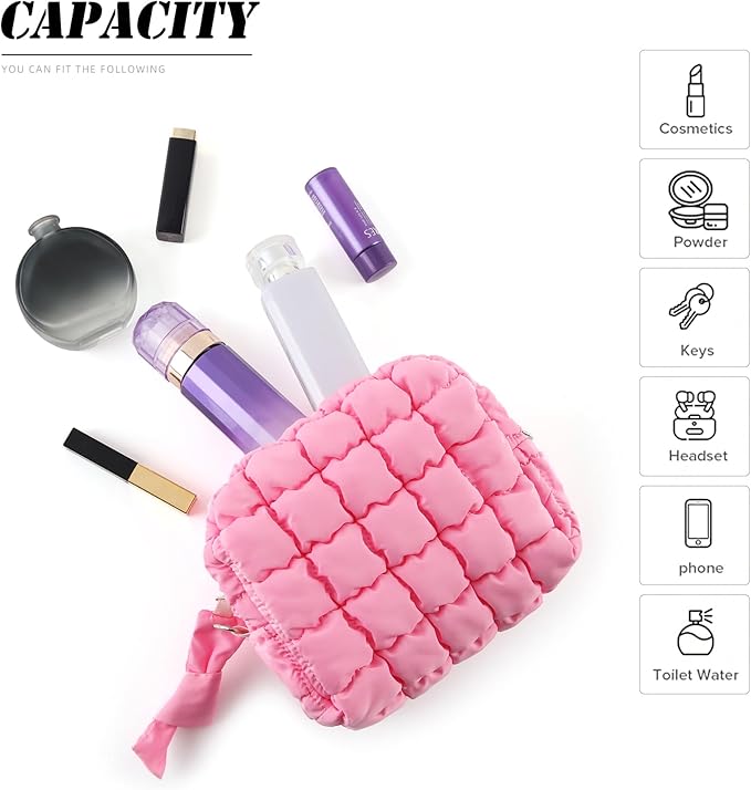 Puffy Quilted Makeup Bag Small Puffer Bag Cosmetic Bags Travel Toiletry Purse for Women, Cute Organizer Pouch, Green