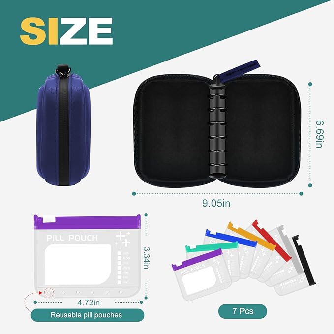 A7-L Timueetech Water-Proof Pill Pouch Set, BPA Free, A7-L Pill Loose-Leaf Storage with Color-Coded Medicine Pouches, Large Reusable Travel Medicine Organizer， Zippered Pill Organizers Weekly