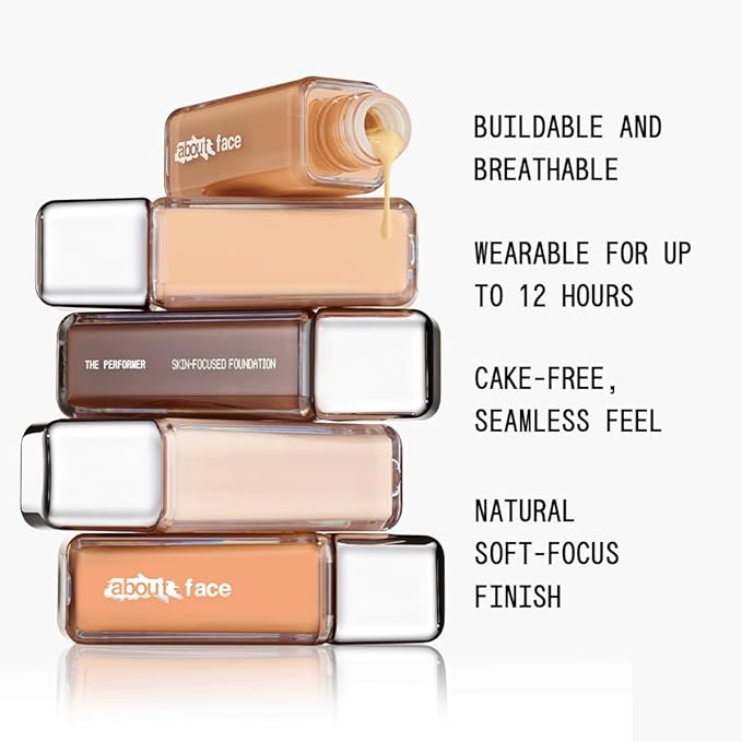 about-face THE PERFORMER Skin-Focused Foundation F1Warm – Medium Coverage, Long-Wear, Breathable & Buildable Base – Clean, Vegan, Hydrating Formula with Blue Agave & Chlorella – 1.08oz