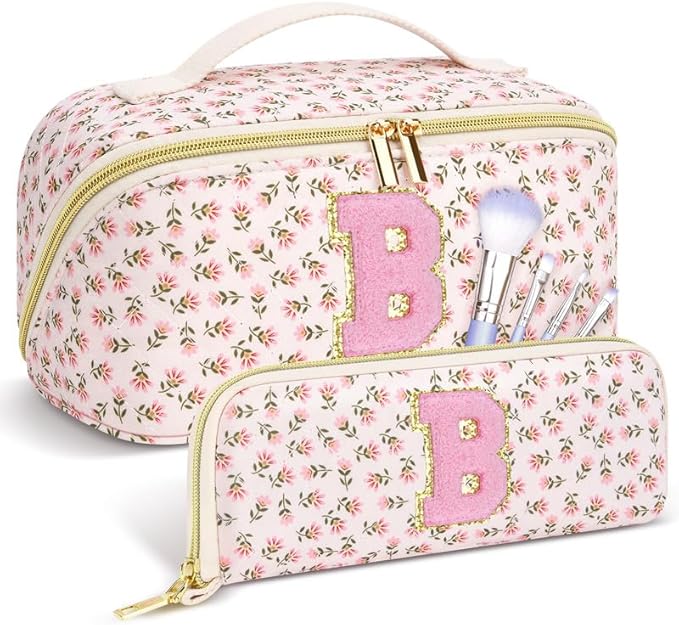 Personalized Travel Makeup Bag Set,Initial Travel Cute Floral Makeup Organizer Bag,Toiletry Skincare Cosmetic Bag,Christmas Gifts for Women/Girls,Open Flat Toiletry Pouch with Brush Pocket-B