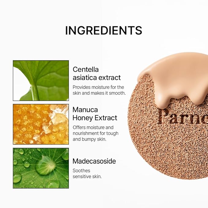 Parnell Cicamanu Serum Cushion - Moisturizing Foundation for Soothing, Coverage, Glass Skin and Lightweight for Sensitive and Dry Skin Pearl Skin (0.52 Fl Oz) (19N)