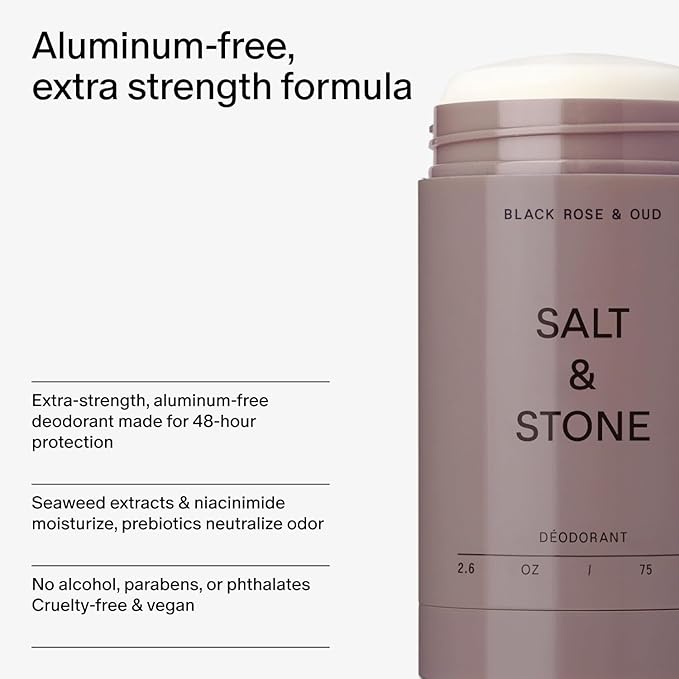 SALT & STONE Aluminum Free Deodorant | Extra Strength 48 Hour Protection for Women & Men | Made with Seaweed Extracts, Shea Butter & Prebiotics (Black Rose & Oud)