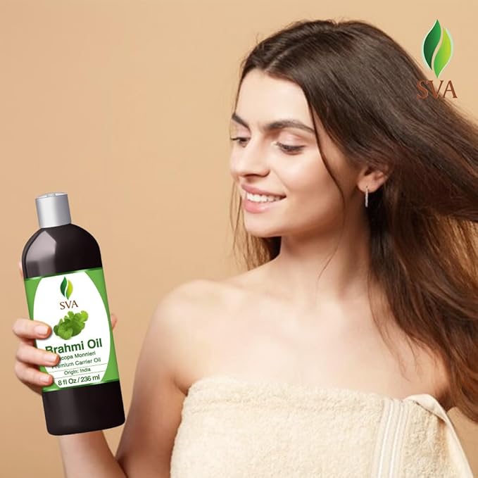 SVA Brahmi Oil - 8 Fl Oz – 100% Natural Cold Pressed Brahmi Oil - for Face, Skin Care, Hair Care, Scalp Massage & Body Massage – Carrier Oil with Pump