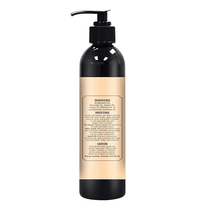 The Henna Guys 8 fl. Oz Pre-Shave & Beard Conditioning Oil for Men, Sandalwood Scent, with Jojoba, Argan, & Marula Oils, Free from Ammonia, Sulfate, Phthalate
