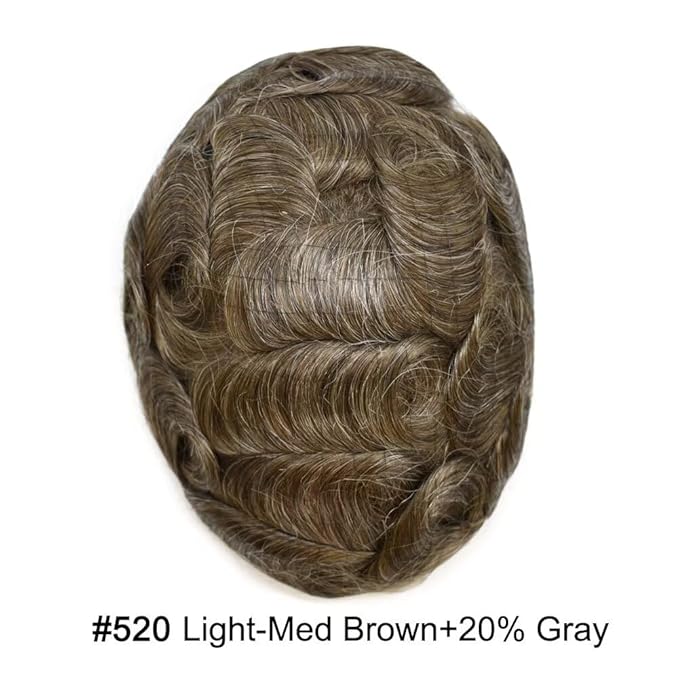 FACE MIRACLE French Lace Mens Toupee Human Hair System Lace Center Toupee for Men Thin Skin PU Around Hair Replacement System V-Looped Mens Hair Wig 6"X8" #520 5# MEDIUM LIGHT BROWN WITH 20% GREY