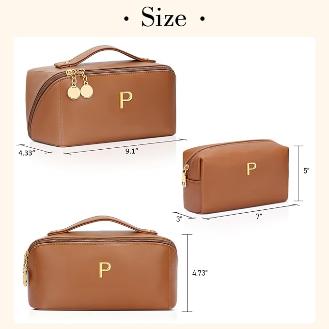 Birthday Gifts for Women Teen Girl, Personalized Initial Makeup Organizer Bag Set, Open Flat Travel Cosmetic Bag With Clear Divider and Handle(Brown,P)