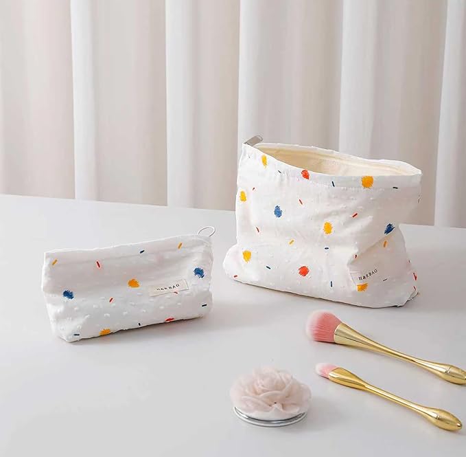 2 Pcs Makeup Bags, Large Cosmetic Bag Travel Toiletry Bag Organizer for Women, Embroidery Craft, Floral Makeup Bag Small Cosmetic Pouch Purse with Zipper, Gifts for Girls Teen (Colorful Dots)