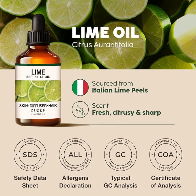 KUKKA Lime Essential Oils - 4 Fl Oz - for Hair, Skin, Diffuser, Aromatherapy & DIY Soap Making Scent