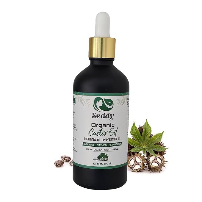 Seddy Organic Castor Oil - Cold Pressed | Hexane-Free | Pure | Hair, Scalp, Eyelashes, Eyebrows, Skin, & Nails | Hair Treatment Oil - 3.4 Fl. Oz