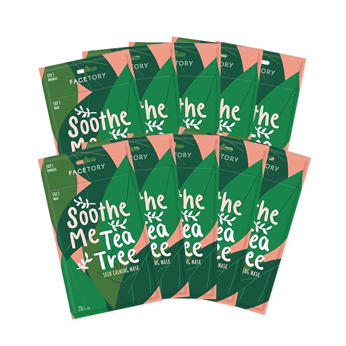 FACETORY K Beauty Face Mask Skin Care - Soothe Me Tea Tree 2-Step Sheet Mask with Tea Tree Extract & Chamomile + Soothing Ampoule | Skin Calming, Acne Clearing (10 Pack)