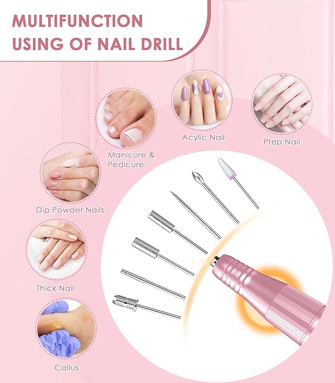 Portable Electric Nail Drill File: 40000RPM Professional Rechargeable Nail E-File Machine, Cordless Nail Drill with Bits & Base for Acrylic Nails Remove Nail Gel Polish Manicure for Salon Home