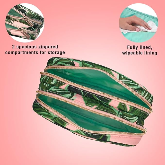 Conair Makeup Bag - Travel Toiletry Bag - Cosmetic Bag - Toiletry Bag for Women - Double Zip Organizer - Pink Palm Print