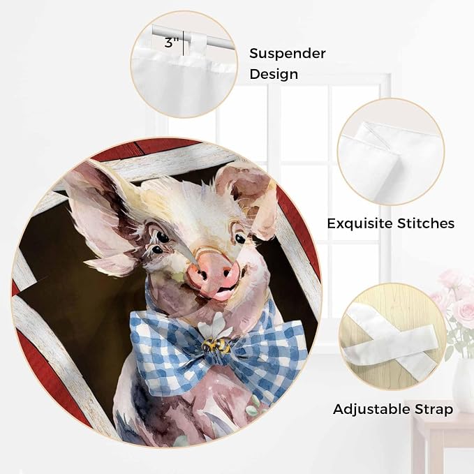 Pig Sunflowers Kitchen Curtains 45 Inch Length, Short Cafe Window Curtains Tab - Image 6