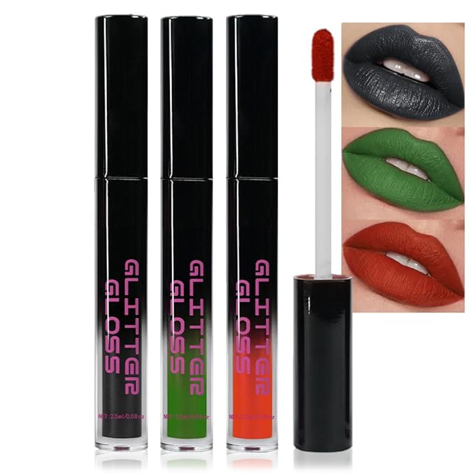 Gray Black Green Red Metallic Lipstick for Women,Glitter Sparkling Liquid Lipstick,Long Lasting Waterproof Lightweight Non-Drying Bold Dark Lip Gloss for Gothic Stage Makeup,Vegan