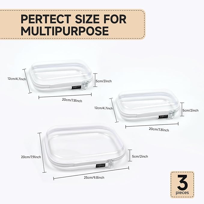 3 Pack Clear Hard Shell Zipper Case - Clear Waterproof Cosmetic Bag with Zipper, Kid's Toy Storage Organizer Bins, Charging Cables, creative journaling, painting brushes, Threads,Sketch Supplies