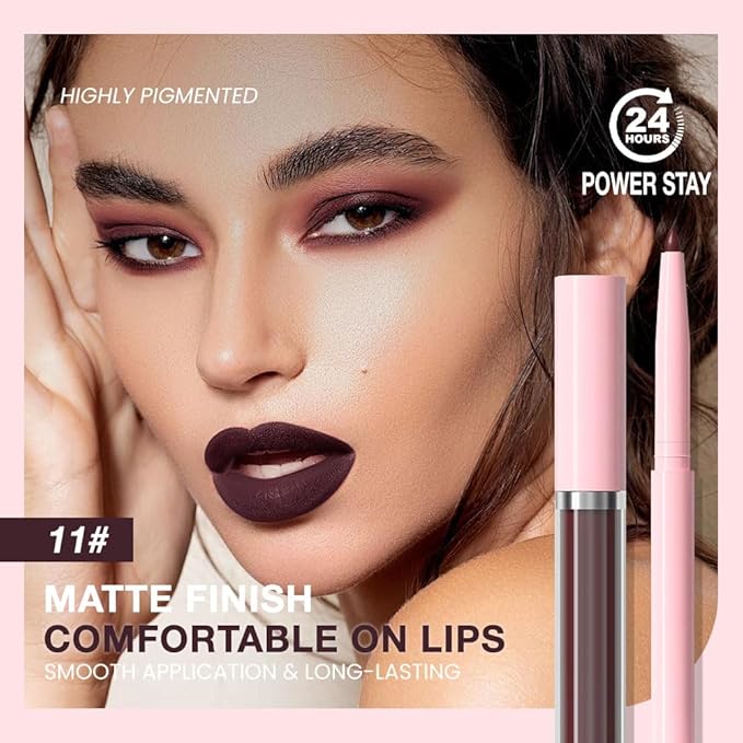 evpct Retractable 1Pcs Lip Liner Pencils and 1 Pcs Lip Gloss Makeup Set for Shaping & Sculpting Lips, Plum Long-Lasting Waterproof Longwear Matte Rich Lip Colors Liner Crayon Liquid Lipstick 11#